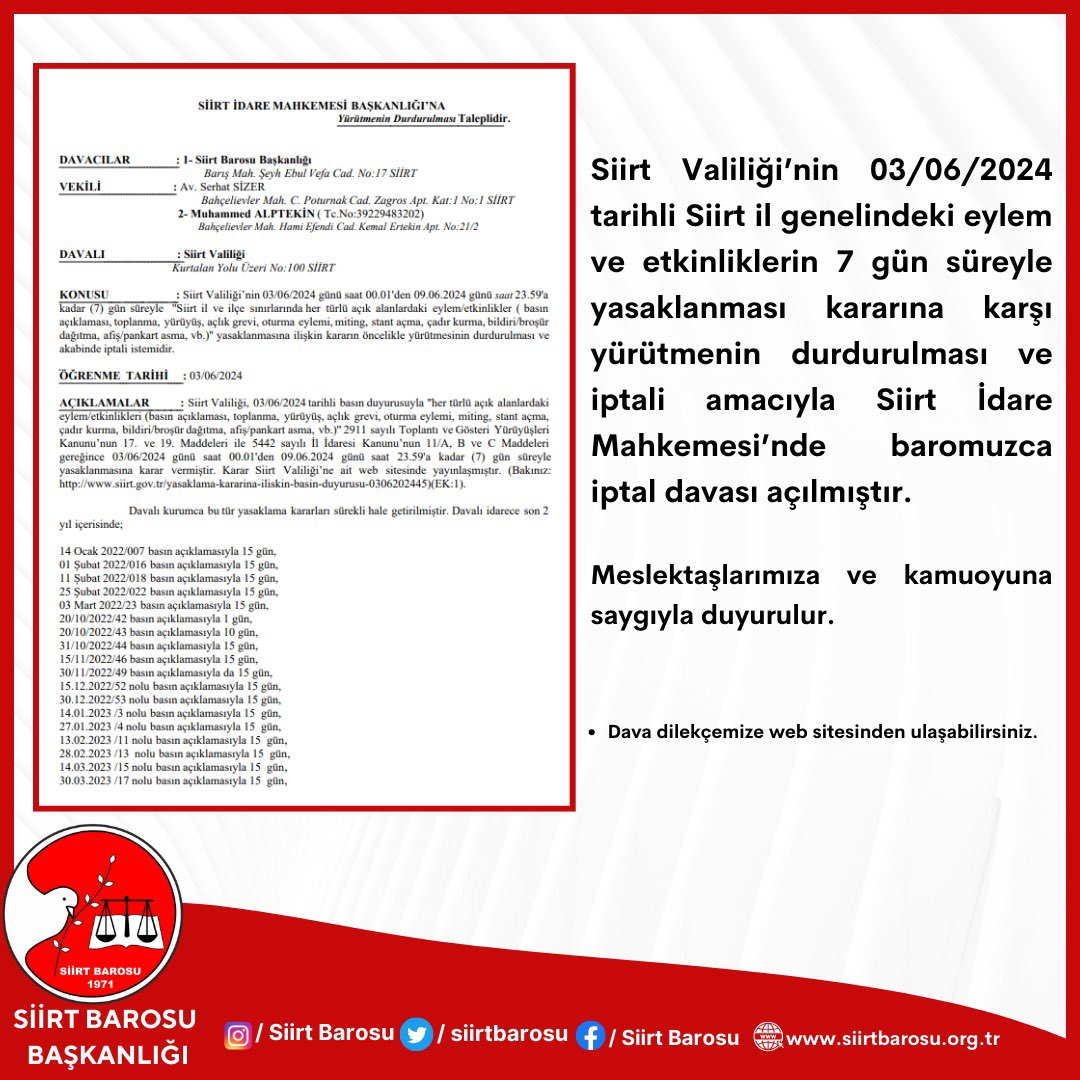 Siirt Barosundan Yasaklama Kararına İptal Davası | Siirt Olay Haber Siirt Barosundan Yasaklama Kararına İptal Davası | Siirt Olay Haber