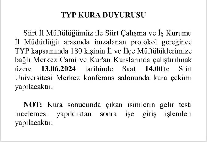 Siirt Müftülüğünden TYP Kura Duyurusu | Siirt Olay Haber Siirt Müftülüğünden TYP Kura Duyurusu | Siirt Olay Haber