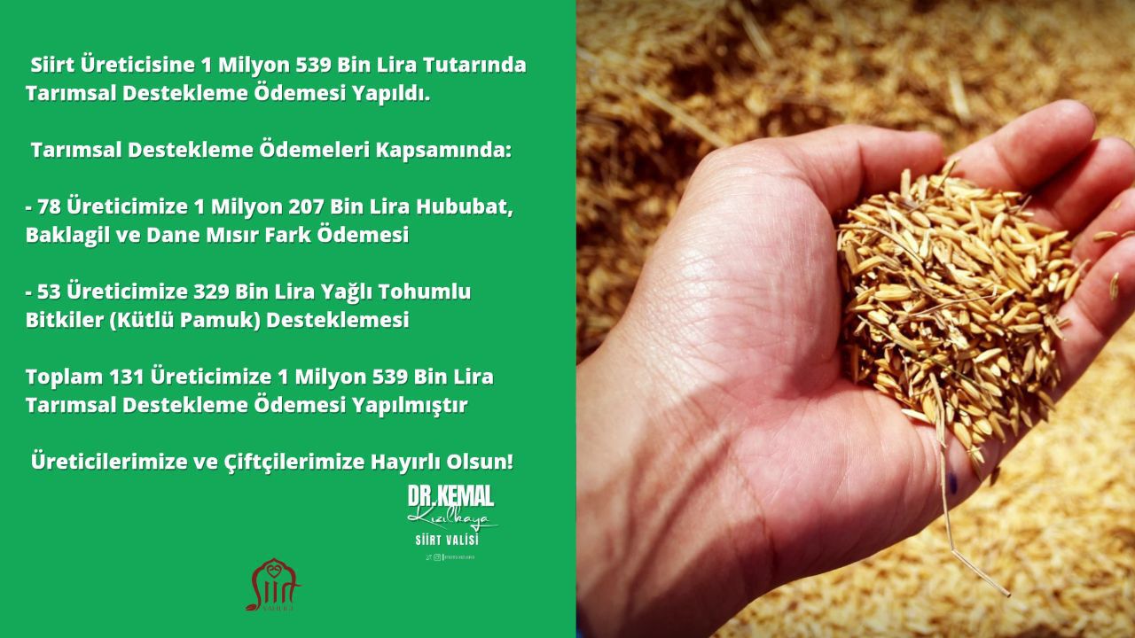 Siirt’te Üreticiye Tarımsal Destek Ödemesi