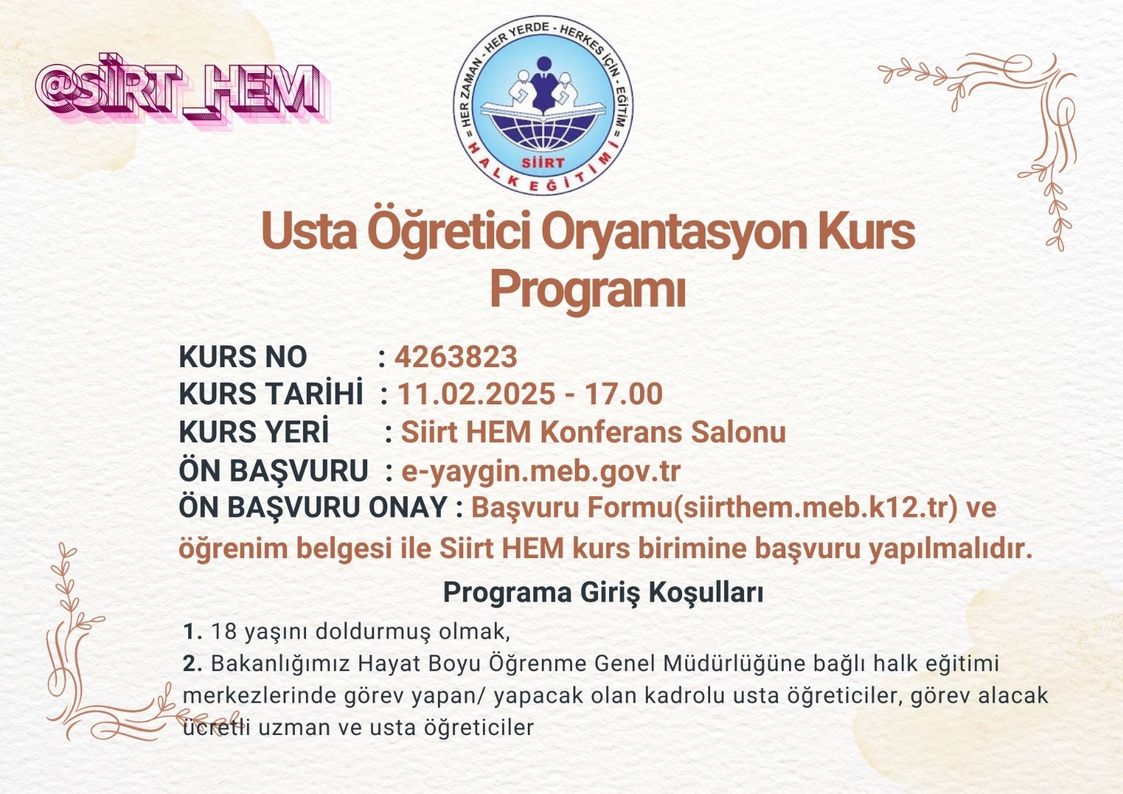 Siirt Halk Eğitim Merkezi’nden Usta Öğretici Oryantasyon Kursu Duyurusu