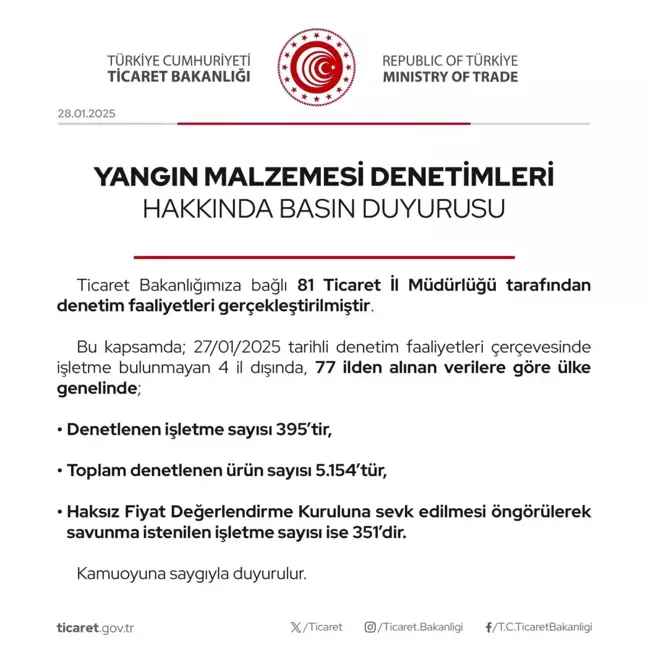 Ticaret Bakanlığı’ndan Yangın Malzemesi Denetimi: 351 İşletmeye Savunma İstendi
