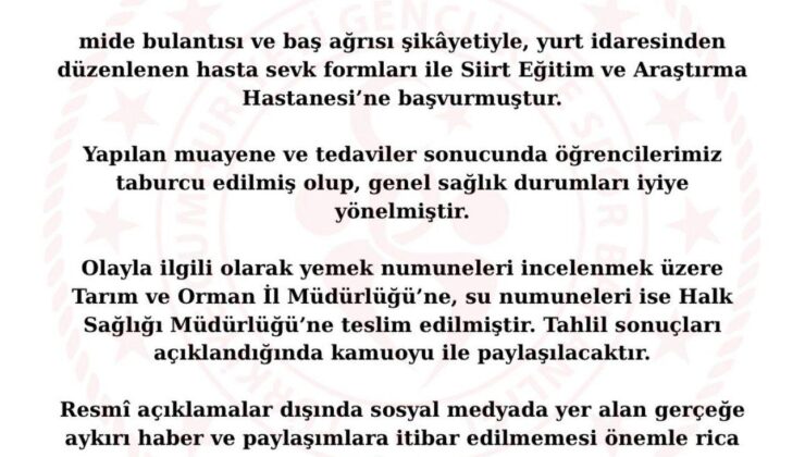 Siirt’te Kız Öğrenci Yurdunda 119 Öğrenci Zehirlendi! Haberimizin Ardından İl Müdürlüğü Açıklama Yaptı | Siirt Olay Haber